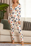 White Sexy Living Polyester Knitting Character Print Buttons V Neck Skinny Jumpsuits
