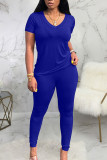Blue Polyester Fashion Sexy adult Ma'am Solid Two Piece Suits pencil Short Sleeve Two Pieces
