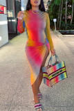 Multicolor Fashion Sexy Print Slit O Neck Long Sleeve Dresses
