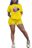 Yellow Fashion Active adult Ma'am Print Two Piece Suits Lips Print pencil Short Sleeve Two Pieces
