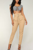 Khaki British Style Solid Buttons With Belt Regular Mid Waist Pencil Bottoms