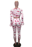 Pink Sexy Print Tie-dye V Neck Long Sleeve Two Pieces