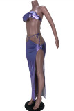 Purple Sexy Solid Hollowed Out Backless Slit Strap Design Strapless Sleeveless Two Pieces