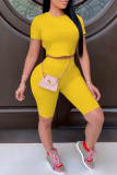 Yellow Sexy Solid Frenulum Backless O Neck Short Sleeve Two Pieces