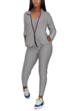 Grey Sexy Active Polyester Solid Three-Piece Suits Turndown Collar Long Sleeve Cap Sleeve Regular Two Pieces