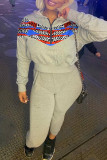 Grey Fashion Casual Print Split Joint Hooded Collar Long Sleeve Two Pieces