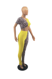 Yellow Street Leopard Patchwork V Neck Short Sleeve Two Pieces