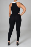 Black Sexy Color Block Patchwork O Neck Sleeveless Two Pieces