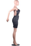 Grey Polyester Fashion adult Sweet Black Grey Off The Shoulder Sleeveless Slip Pencil Dress Knee-Length Striped Print Patchwork backless Tongue Dresses