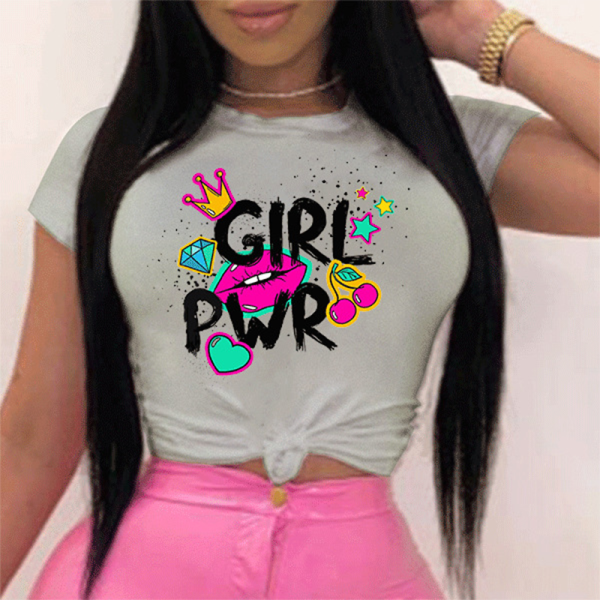 Grey O Neck Short Sleeve Print Tops
