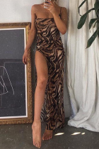 Khaki Sexy Animal Print Split Joint Spaghetti Strap Printed Dress Dresses