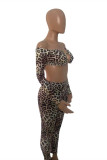 Multicolor Sexy Print Leopard Hollowed Out Backless Off the Shoulder Long Sleeve Two Pieces