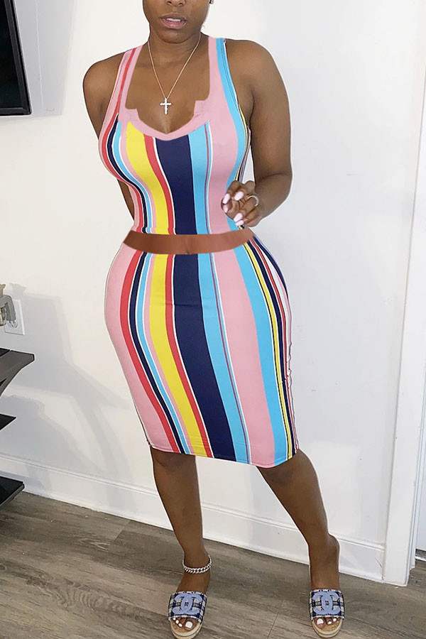Pink Fashion adult Ma'am Lightly cooked Striped Two Piece Suits Hip skirt Sleeveless Two Pieces