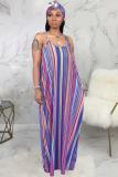 rose red Polyester Sexy Fashion Tank Sleeveless Slip A-Line Floor-Length Print asymmetrical Striped Patchwork