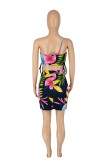 Black Fashion Sexy Print Backless Strap Design One Shoulder Sleeveless Two Pieces