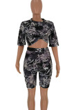Black Polyester Fashion Sexy adult Ma'am O Neck Print Two Piece Suits Stitching Plus Size