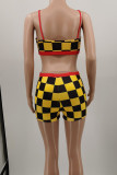 Yellow Sexy Casual Plaid Print Backless Spaghetti Strap Sleeveless Two Pieces