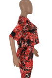 rose red Polyester Fashion Sexy adult Ma'am O Neck Print Two Piece Suits Stitching Plus Size
