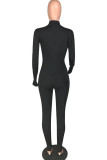 Black Fashion Casual Striped zipper Long Sleeve O Neck Jumpsuits