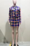 Blue Fashion Sexy Plaid Print Turndown Collar Long Sleeve Two Pieces