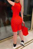 Red Sexy Solid Hollowed Out Zipper Collar Skinny Rompers