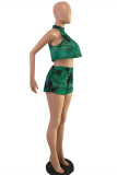 Green Fashion Sexy Print Backless Half A Turtleneck Sleeveless Two Pieces