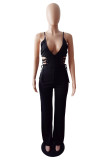 Black Fashion Sexy Solid Backless Strap Design Spaghetti Strap Regular Jumpsuits