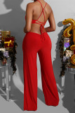 Red Sexy Casual Solid Strap Design O Neck Regular Jumpsuits