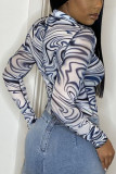 White Casual Print O Neck Mid Waist Tops