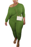 Green Fashion Sexy Adult Ma'am Cotton Solid Two Piece Suits Stitching O Neck Plus Size