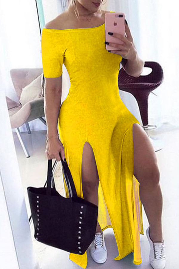 Yellow Sexy Casual Solid Slit Off the Shoulder Short Sleeve Dress