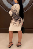 Apricot Sexy Print Patchwork V Neck Wrapped Skirt Dresses