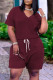 Burgundy Fashion Casual Solid Basic V Neck Short Sleeve Two Pieces