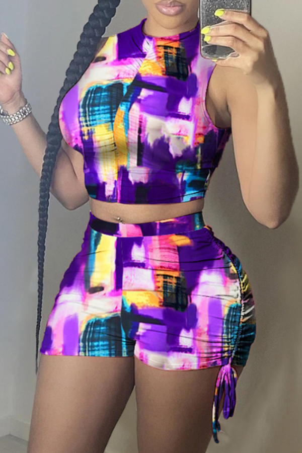Purple Sexy Print Patchwork Half A Turtleneck Sleeveless Two Pieces