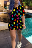 Blue Polyester Cute Fashion Casual Print Two Piece Suits Geometric Patchwork Gradient Striped Loose Short
