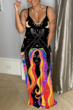 Black Fashion Sexy Print Backless Spaghetti Strap Sleeveless Dress