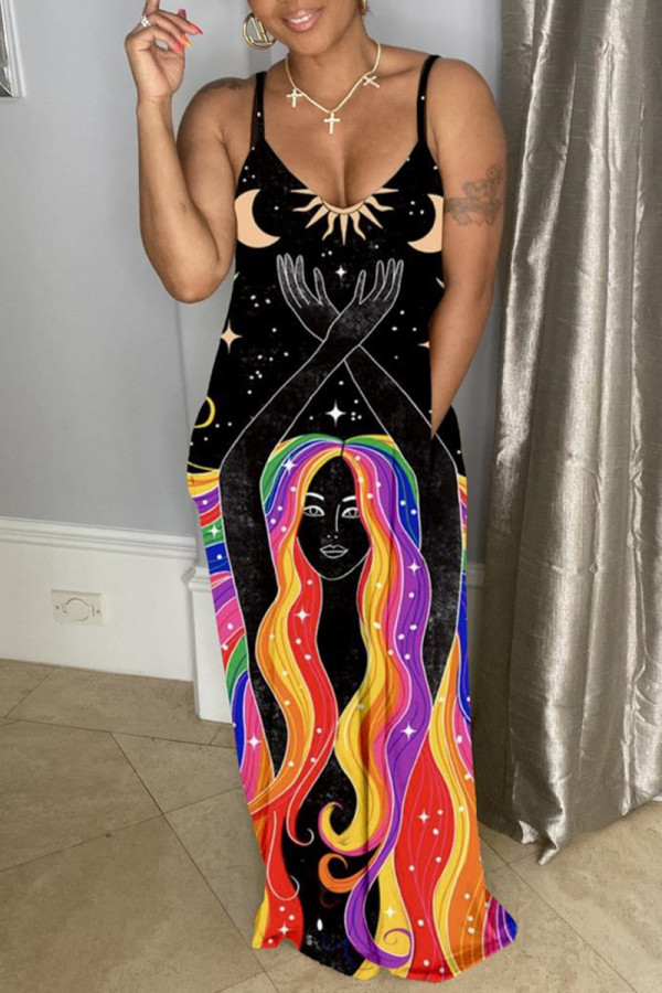 Black Fashion Sexy Print Backless Spaghetti Strap Sleeveless Dress