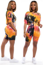 Orange Polyester Fashion adult Casual Tie Dye Bandage Print Two Piece Suits Patchwork pencil Half Sleeve