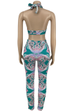 Blue Sexy Print Patchwork Sleeveless Two Pieces