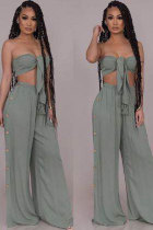 Mint green Polyester Sexy Fashion Solid Button Patchwork Loose Two-piece Pants Set