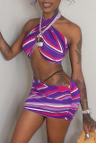 Purple Fashion Sexy Print Backless Halter Sleeveless Two Pieces