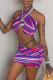Purple Fashion Sexy Print Backless Halter Sleeveless Two Pieces