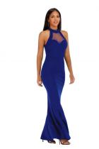 Blue Polyester Fashion adult Sexy Off The Shoulder Sleeveless O neck A-Line Ankle-Length Solid Patchwork