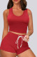Red Active Casual Patchwork Solid contrast color Skinny Sleeveless Two Pieces