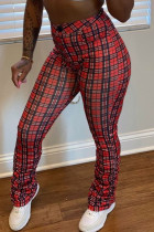 Wine Red Casual Plaid Yes(Elastic) Mid Waist Straight Bottoms