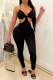 Black Sexy Solid Hollowed Out Halter Skinny Jumpsuits