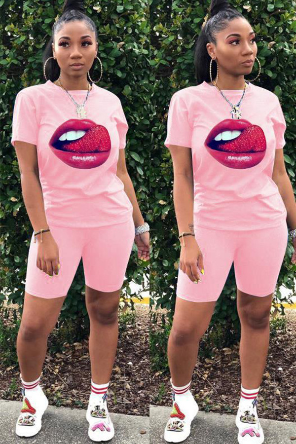 Pink Fashion adult England Ma'am Patchwork Print tongue Two Piece Suits Lips Print pencil Short Sleeve Two Pieces