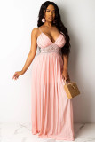 Pink Polyester adult Casual Fashion Spaghetti Strap Sleeveless Slip Swagger Floor-Length Solid Patchwork