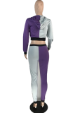 Grey Casual Patchwork Draw String Hooded Collar Long Sleeve Two Pieces