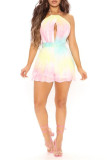 Yellow Fashion Sexy Print Hollowed Out Backless Halter Regular Romper